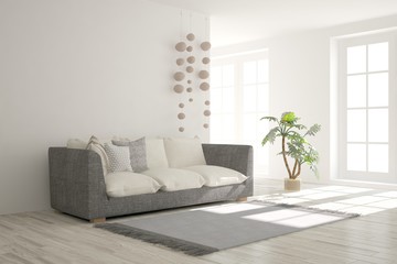 Idea of white minimalist room with sofa. Scandinavian interior design. 3D illustration