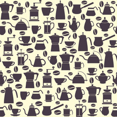 Seamless pattern collection icons Coffee Pots with Cups, coffee mill, turkish.