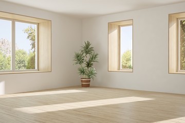 White empty room with summer landscape in window. Scandinavian interior design. 3D illustration