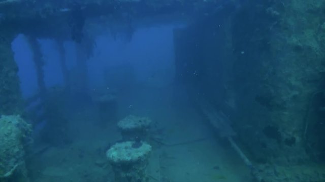 Shipwreck underwater in Red Sea Egypt. Ghost ship background of fish in the blue lagoon on coral reef. Extreme tourism.Deep diving. Terribly eerie place.