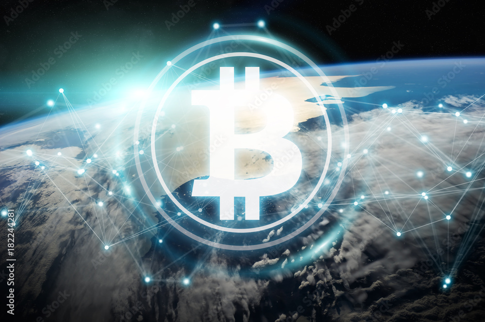 Aufkleber bitcoins exchanges on planet earth 3d rendering