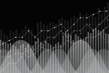 Financial growth, revenue graph, vector illustration. Trend lines, columns, market economy information background. Chart analytics strategy concept, trendy black and white, monochrome style.