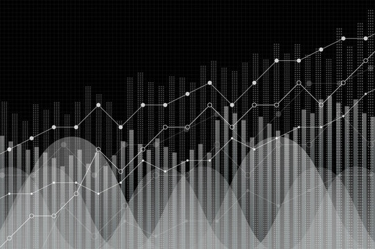Financial growth, revenue graph, vector illustration. Trend lines, columns, market economy information background. Chart analytics strategy concept, trendy black and white, monochrome style.
