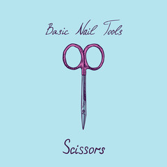 Basic nail tools, scissors, hand drawn doodle sketch with inscription, isolated color vector illustration