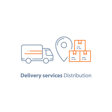 Logistics company, delivery truck, move service, courier, receive parcel box, vector line icon