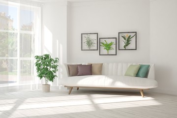 Idea of white minimalist room with sofa. Scandinavian interior design. 3D illustration