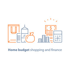 Obraz premium Store basket, food and drink, grocery order, special offer promotion, vector line icon