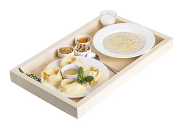Russian pancakes with oatmeal and dried fruits.