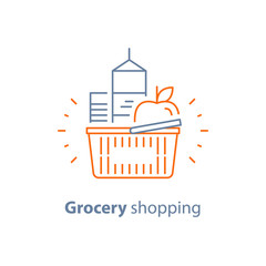 Full red basket of food, grocery shopping order, special offer promotion, vector line icon