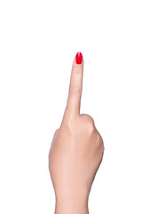 Female hand with red nail gesture number 1 sign isolated on white background