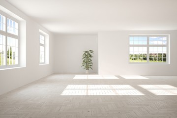 White empty room with summer landscape in window. Scandinavian interior design. 3D illustration
