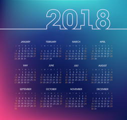 Calendar 2018 year. Week starts from Sunday