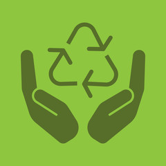 Open palms with recycling sign glyph color icon