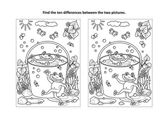 Obraz premium Summer joy themed find the ten differences picture puzzle and coloring page with happy playful frogs swimming in a bucket full of water. 