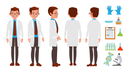 Classic Scientist Vector. Science Experiment. Research And Exploration. Biological Laboratory Worker. Flat Cartoon Illustration