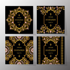 Wedding Invitation card templates with gold patterned and crystals on background color. 