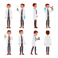 Professional Scientist Vector. Modern Young Worker. Male At Work In Laboratory. Isolated On White Cartoon Character Illustration