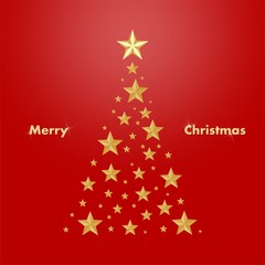 Red Christmas card with a gold Christmas tree composed of gold illuminating stars with a glowing writing Happy Merry Christmas on a red background 