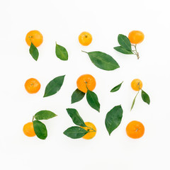 Citrus with leaves isolated on white background. Fruit pattern. Flat lay. Top view