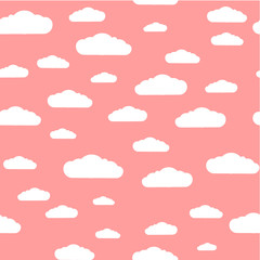 Seamless pattern. Clouds. White clouds pattern, rose background. Vector, flat illustration.
