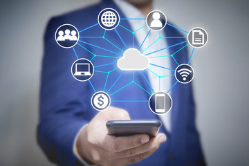 Business man holding phone show holographic system could network connection virtual in future