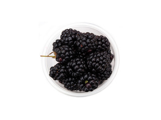 Ripe garden blackberry on stems in a clear plastic cup isolated on a white background. The blackberry is an edible fruit produced in the Rubus genus in the Rosaceae family. Top view