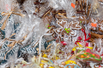 Christmas homemade gingerbread cookies at traditional market in Cracow, Poland. One of the most traditional sweet treats.