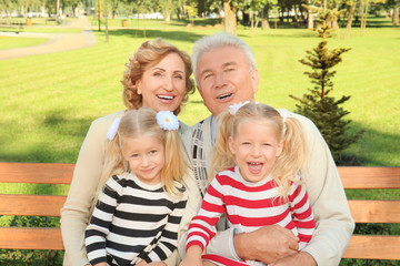 Obraz na płótnie Canvas Elderly couple with granddaughters in park