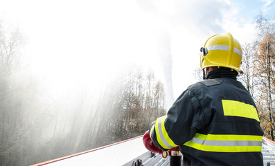 Firefighters with a hose in action