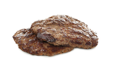 Tasty burger patties on white background