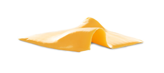 Slice of tasty cheese on white background