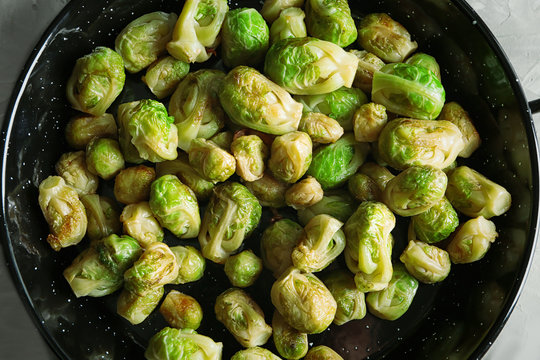 Pan with tasty Brussels sprouts, closeup