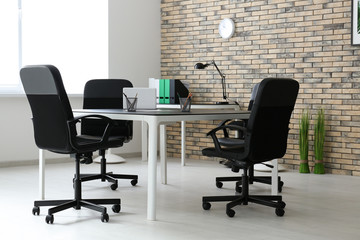 Modern room interior with big table and chairs