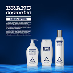 3D realistic cosmetic bottle ads template. Cosmetic brand advertising concept design with abstract glowing waves