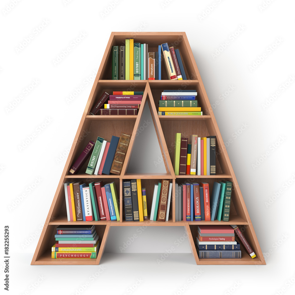 Poster letter a. alphabet in the form of shelves with books isolated on white.