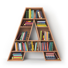 Letter A. Alphabet in the form of shelves with books isolated on white.