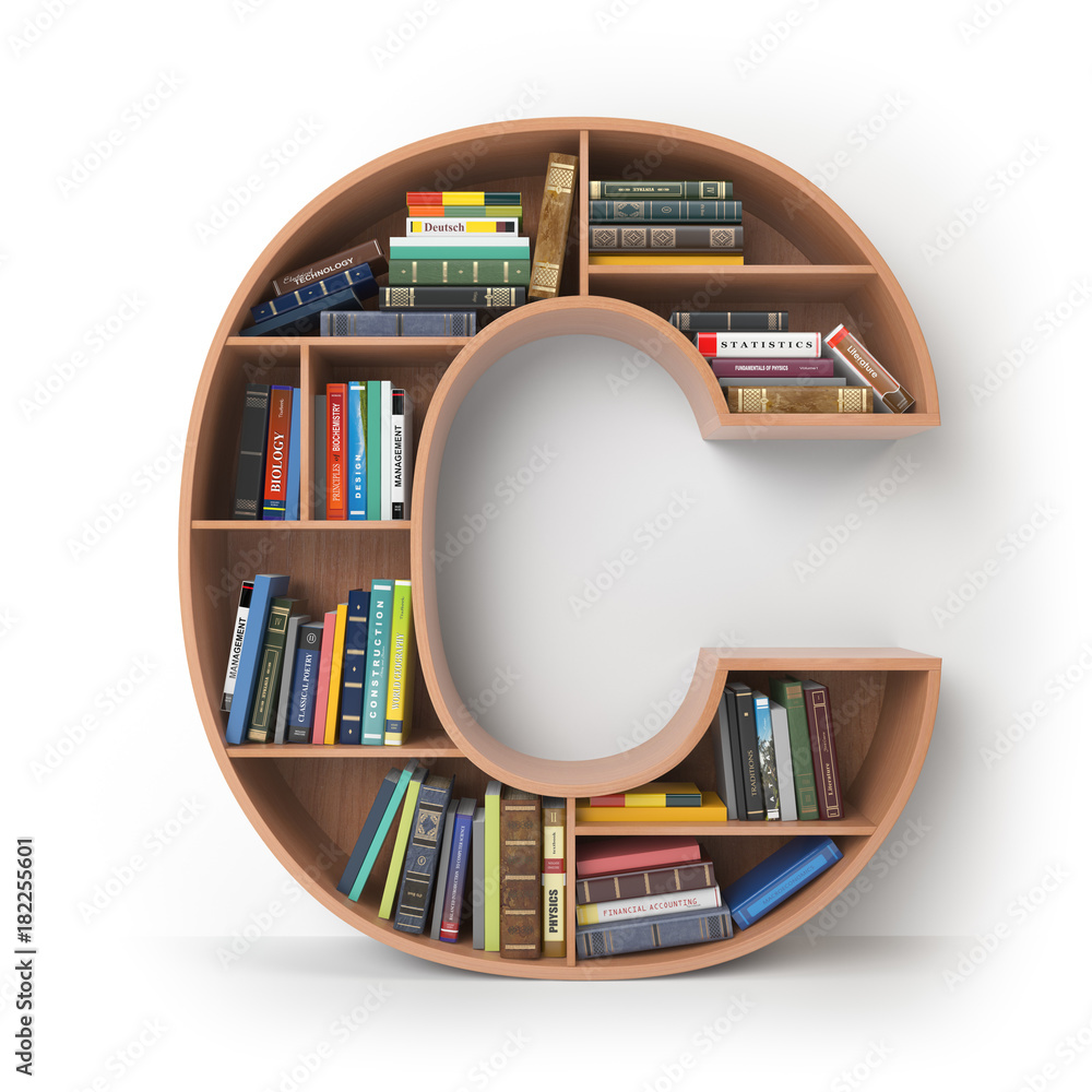 Poster letter c. alphabet in the form of shelves with books isolated on white.