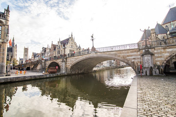 Obraz premium GHENT, BELGIUM - November, 2017: Architecture of Ghent city center. Ghent is medieval city and point of tourist destination in Belgium.