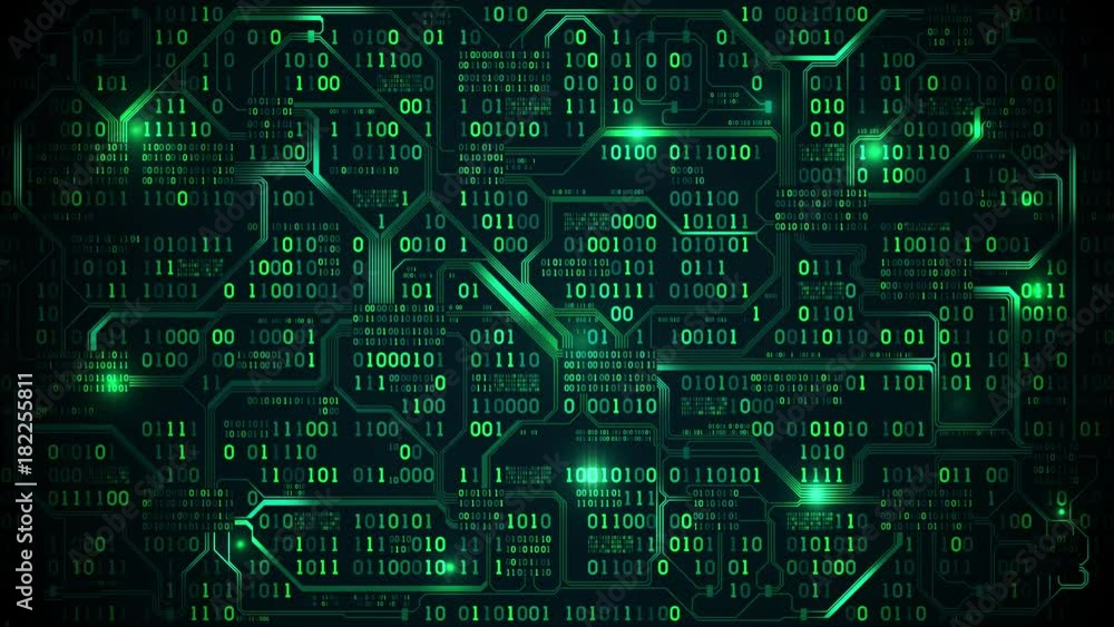 Poster Abstract futuristic electronic circuit board with binary code, neural network and big data - an element of artificial intelligence, matrix background with digits, seamless loop