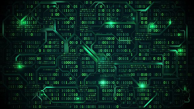 Abstract futuristic electronic circuit board with binary code, neural network and big data - an element of artificial intelligence, matrix background with digits, seamless loop