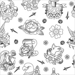 Abstract seamless tattoo pattern for girls, boys, clothes. Creative vector tattoo background with flower, sword, bird, anchor. Funny pattern wallpaper for textile and fabric. Fashion tattoo style.
