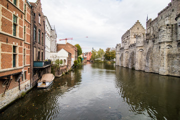 Fototapeta na wymiar GHENT, BELGIUM - November, 2017: Architecture of Ghent city center. Ghent is medieval city and point of tourist destination in Belgium.