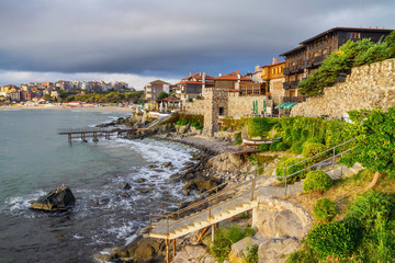 Seaside landscape - embankment with fortress wall in the city of Sozopol on the Black Sea coast in Bulgaria