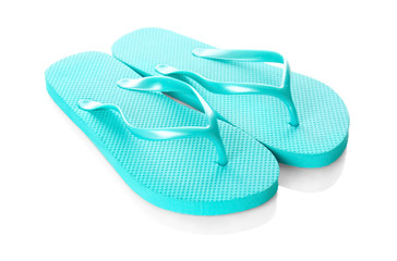 Bright female flip flops on white background