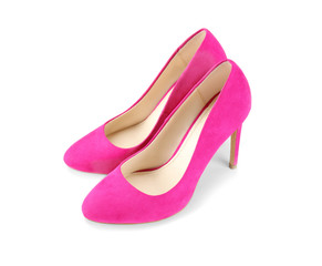Pair of classic female high-heel shoes on white background