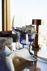 Table setup at dinner party, purple color theme