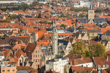 Fototapeta na wymiar Brugge, Belgium - November, 2017. Aerial Brugge medieval historic city. Brugge streets and historic center, canals and buildings. Brugge popular touristic destination of Belgium.