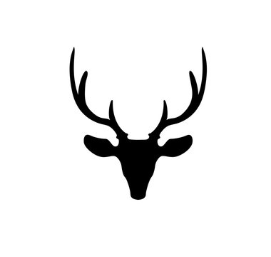 Black silhouette of reindeer head with big horns isolated
