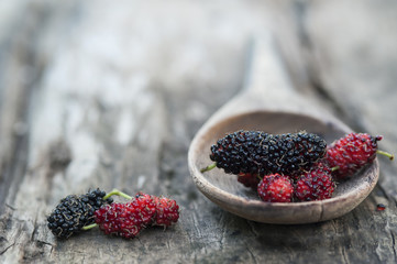 Mulberry red and black berry fruit in wooden spoon locates on a surface vintage wooden background