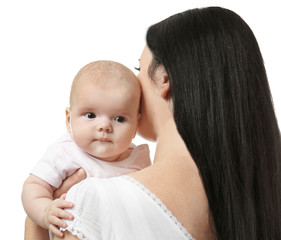Young mother and cute baby, isolated on white